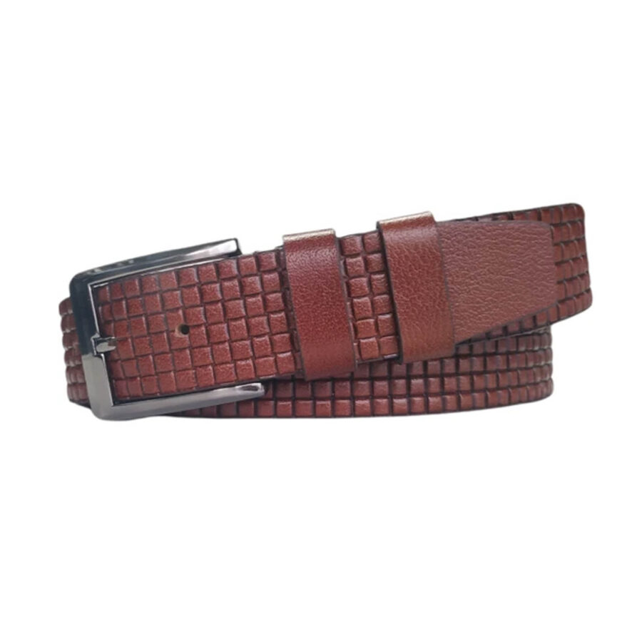 Wide Gents Belts For Denim Cognac Check Emboss Leather KARPHBCV00001CXR8S COGN 1