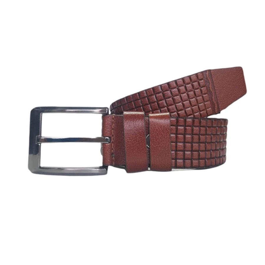 Wide Gents Belts For Denim Cognac Check Emboss Leather KARPHBCV00001CXR8S COGN 2