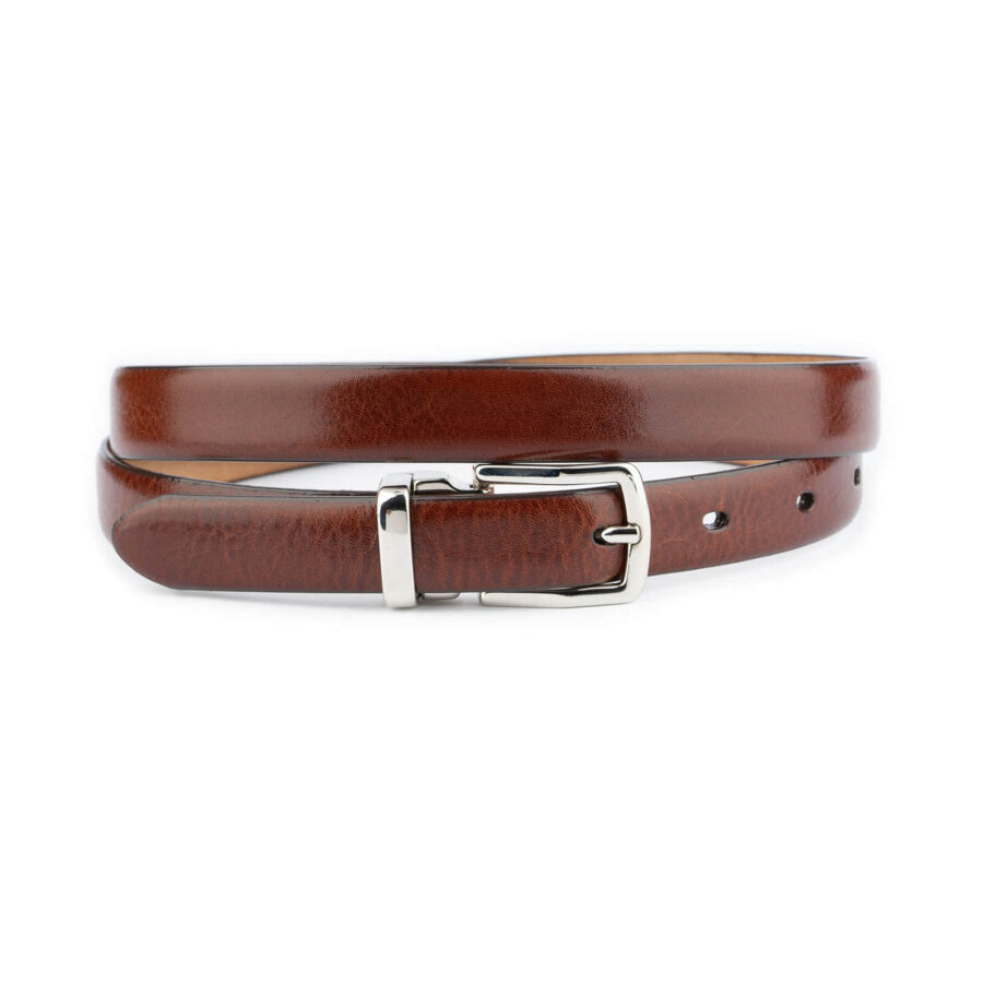 thin cognac belt with silver buckle rectangle real leather 2 0 cm 1 COGSMO2011RECAML