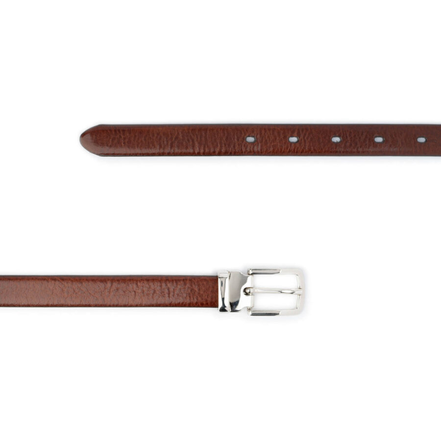 thin cognac belt with silver buckle rectangle real leather 2 0 cm 2