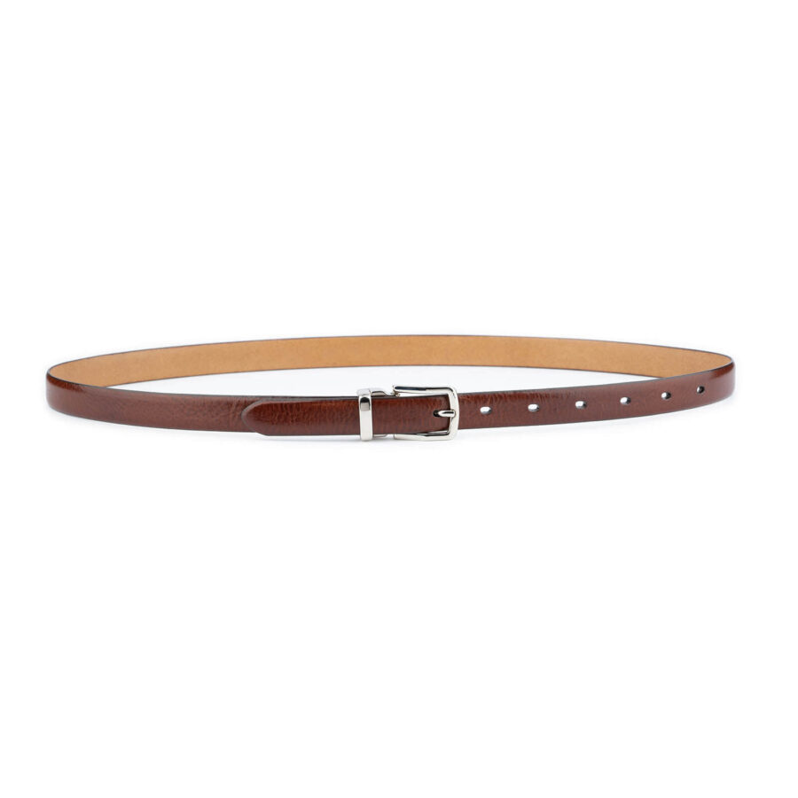 thin cognac belt with silver buckle rectangle real leather 2 0 cm 3