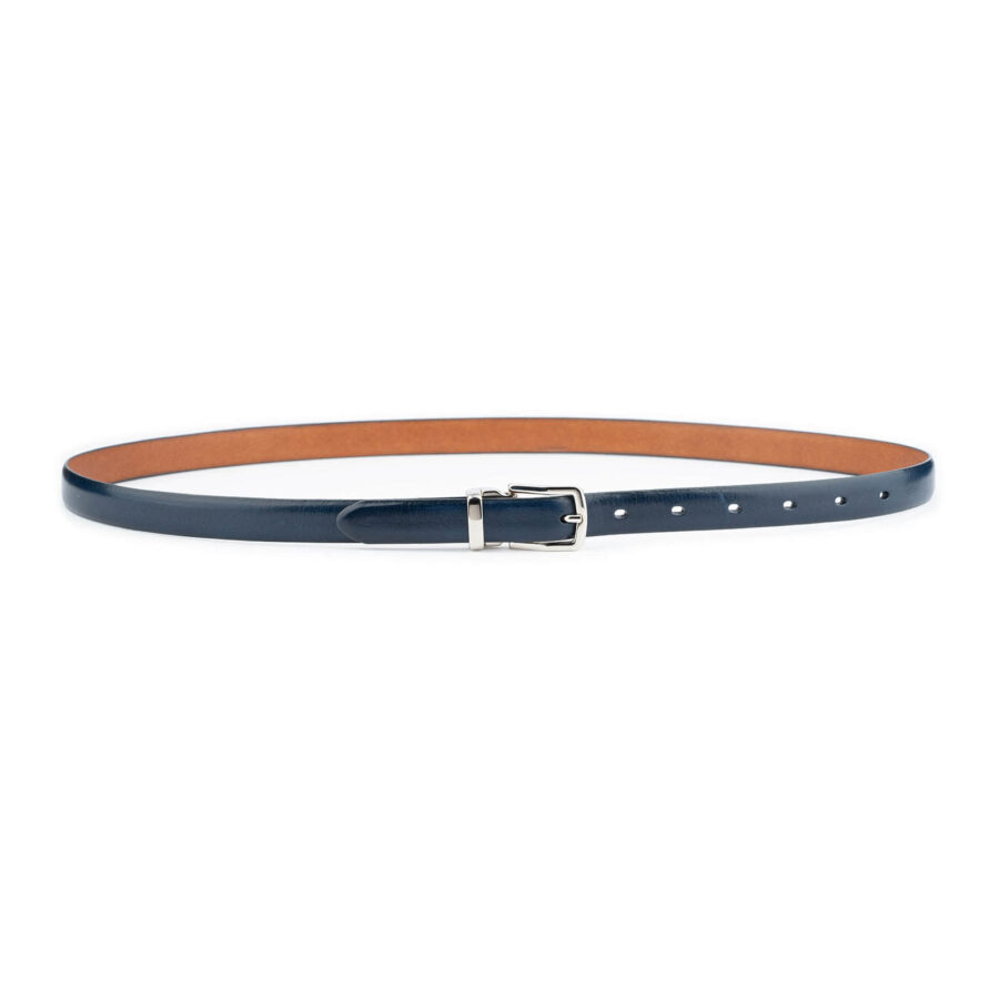 thin dark blue belt with silver buckle rectangle real leather 2 0 cm 3