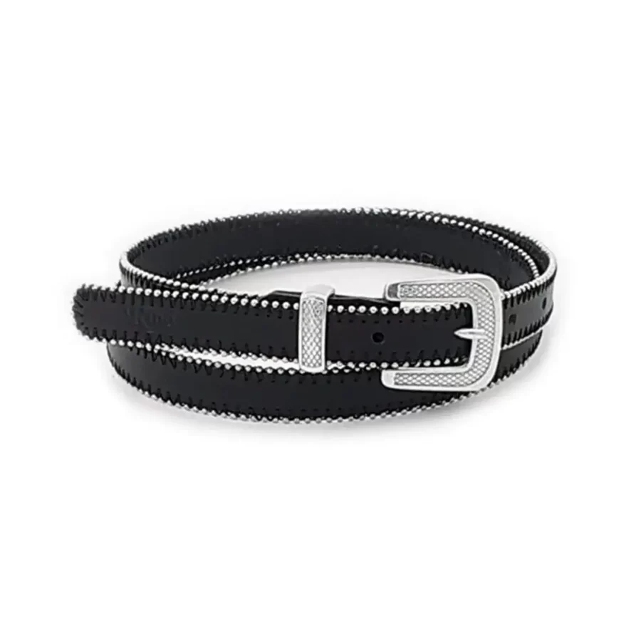 stylish dress belt for women black silver designer stitched leather 2 0 cm RIN 003064 321 1