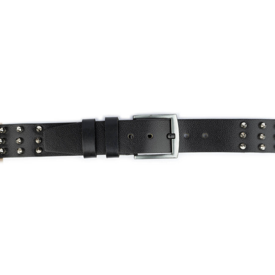 3 Row Spike Belt Black Genuine Leather Thick Silver Studded 3