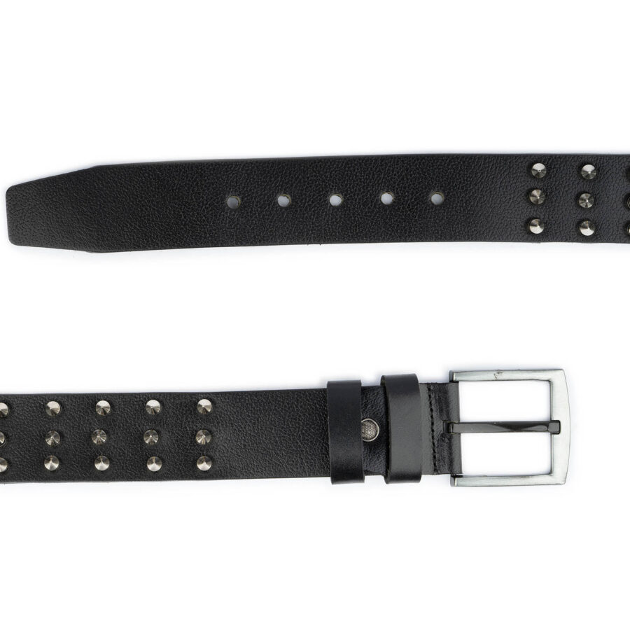 3 Row Spike Belt Black Genuine Leather Thick Silver Studded 4