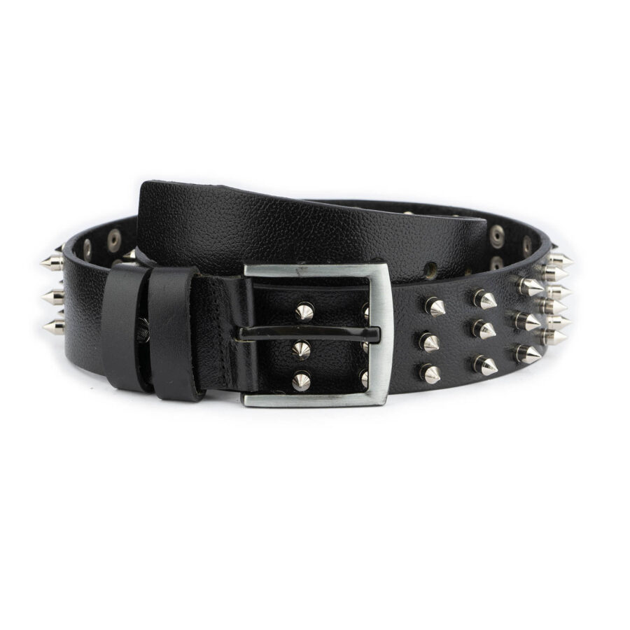 3 Row Spike Belt Black Genuine Leather Thick Silver Studded 5