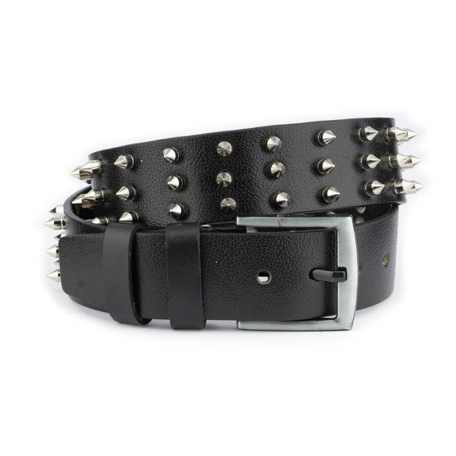 3 Row Spike Belt Black Genuine Leather Thick Silver Studded 6