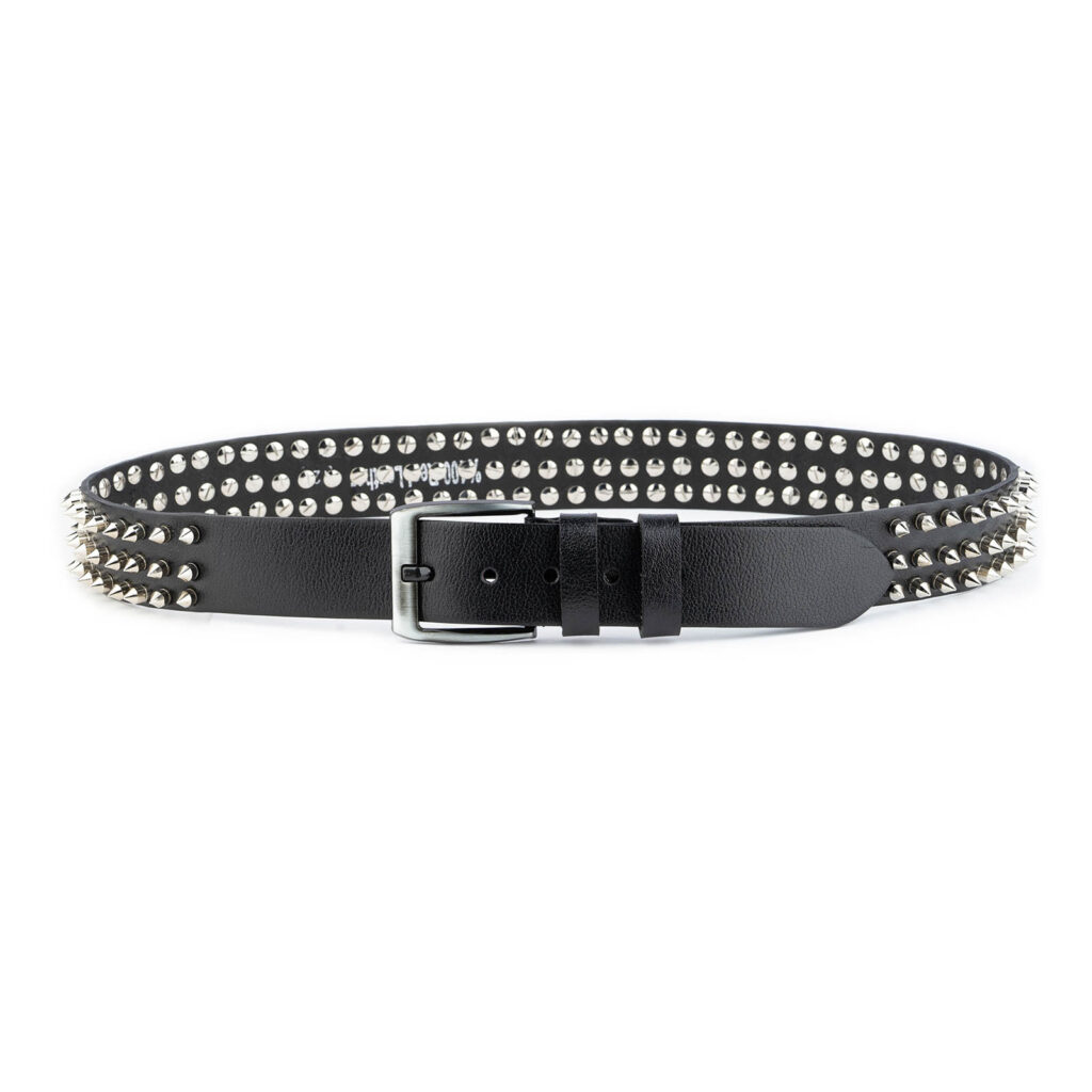 Buy 3 Row Spiky Belt Silver Spike Rivet Black Real Leather ...