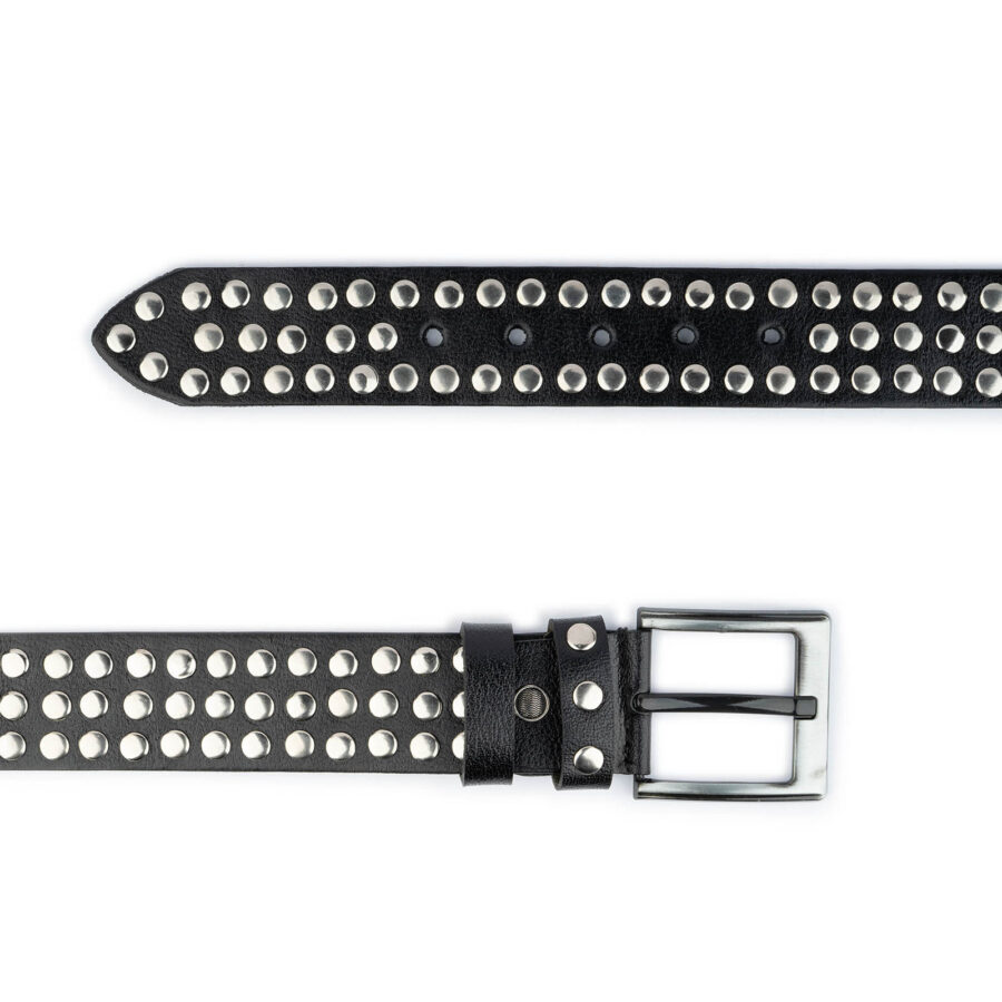3 Row Studded Belt Real Leather Black Wide Silver Rivets 2