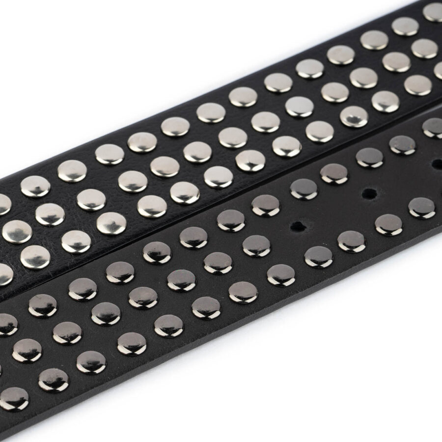 3 Row Studded Belt Real Leather Black Wide Silver Rivets 3