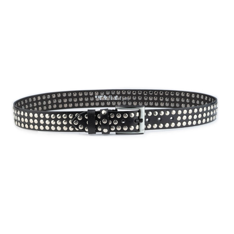 3 Row Studded Belt Real Leather Black Wide Silver Rivets 4