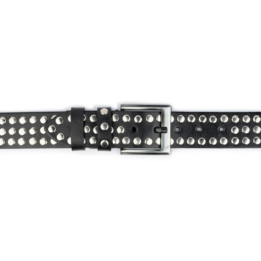 3 Row Studded Belt Real Leather Black Wide Silver Rivets 5