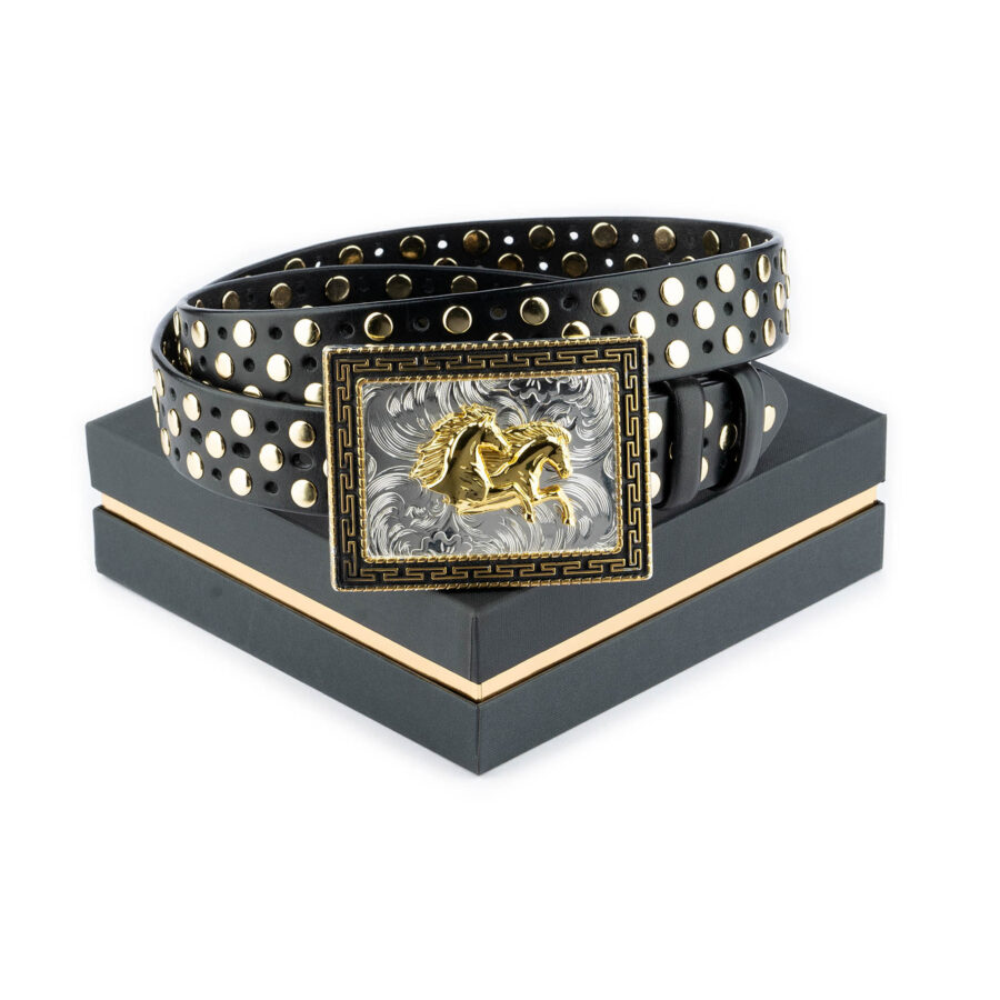 Gift For Men Gold Studded Belt With Horse Buckle 10