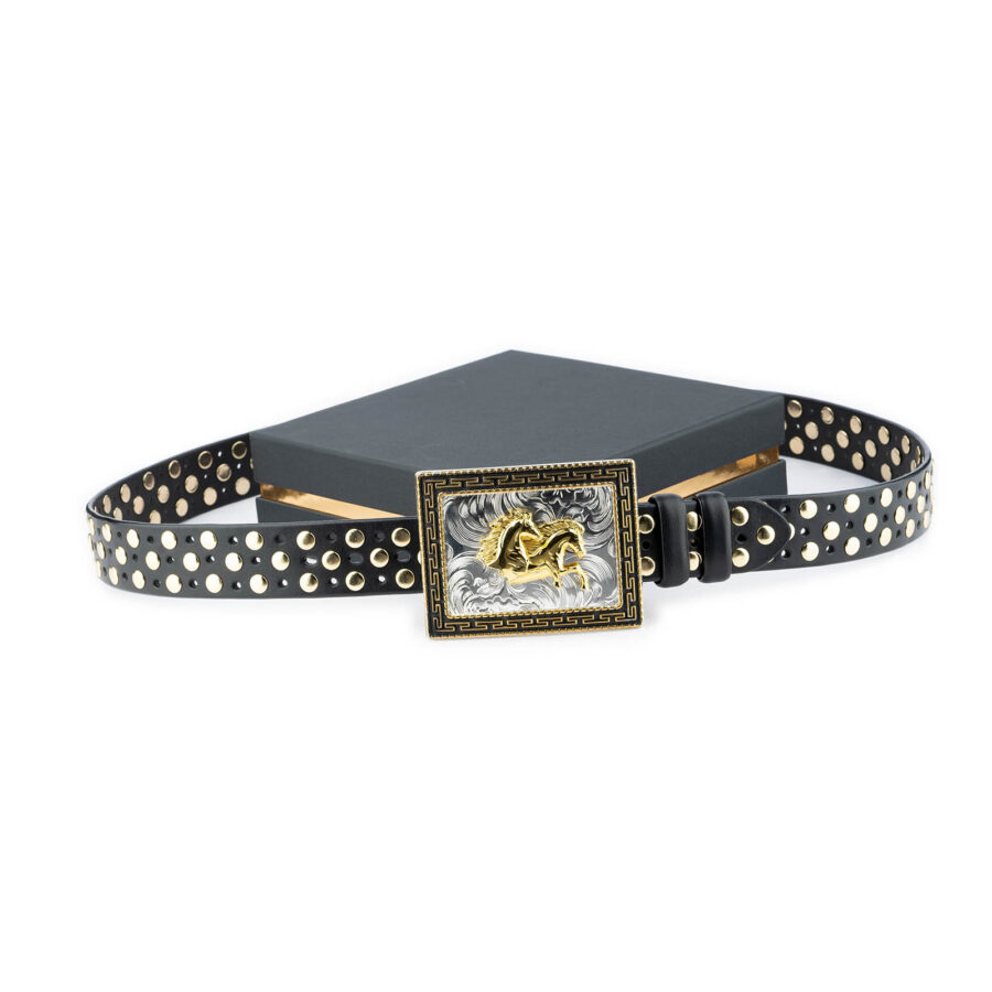 Gift For Men Gold Studded Belt With Horse Buckle 11