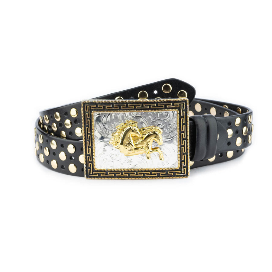 Gift For Men Gold Studded Belt With Horse Buckle 2