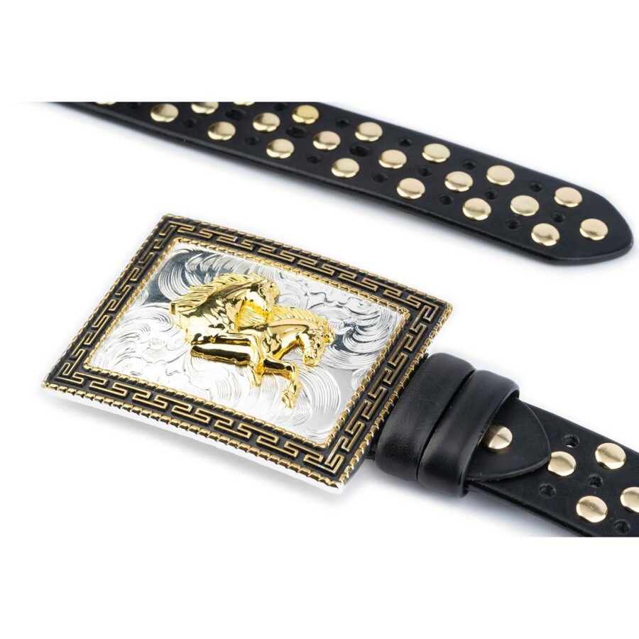 Gift For Men Gold Studded Belt With Horse Buckle 4