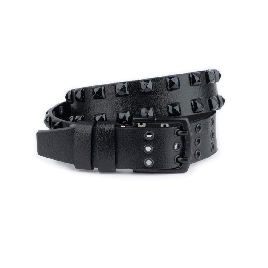 Pyramid Belt Double Prong Black Rivets Real Leather 4 3 8 cm