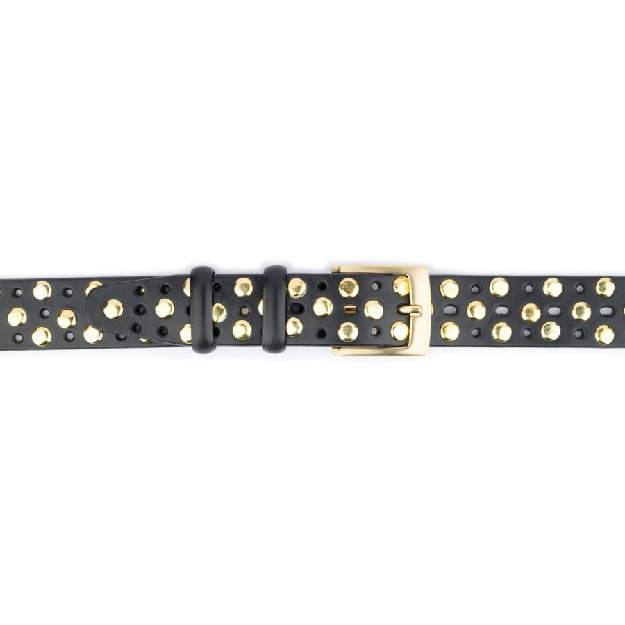 Studded Belt Gold Rivets Black Real Leather Thick 3
