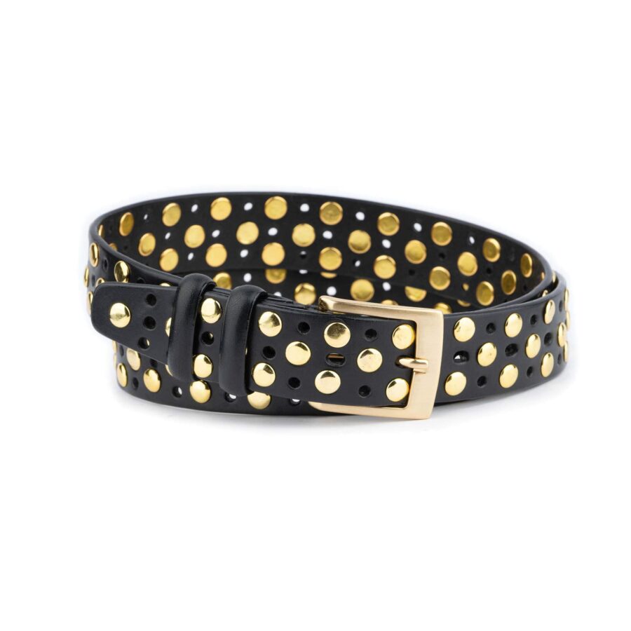 Studded Belt Gold Rivets Black Real Leather Thick 6