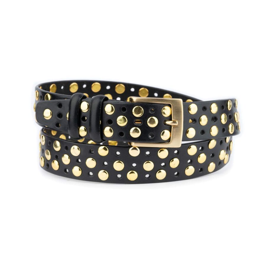 Studded Belt Gold Rivets Black Real Leather Thick 8