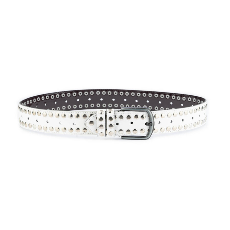 Studded Belt White Vegan Leather 2 Row Rivets 1 WHISTUD45VEGTARG