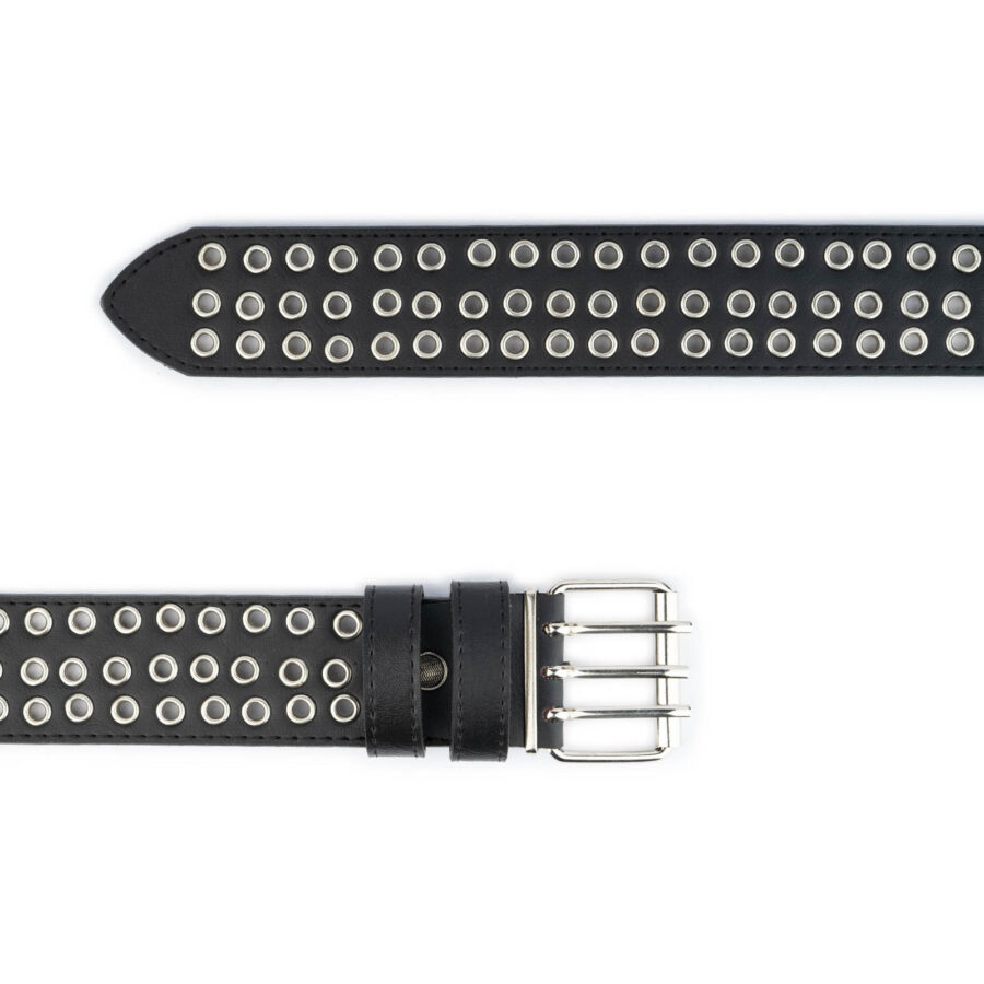 Triple Prong Grommet Belt 3 Row Eyelet Black Vegan Leather 3