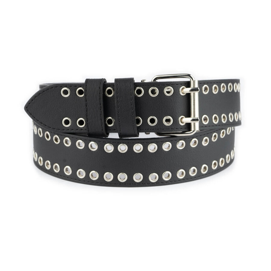 black emo belt double grommet vegan leather 2