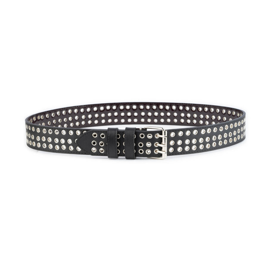 emo belt with grommets 3 row triple prong buckle vegan leather 1 EMOGROM3ROW45NVEGBLATARG