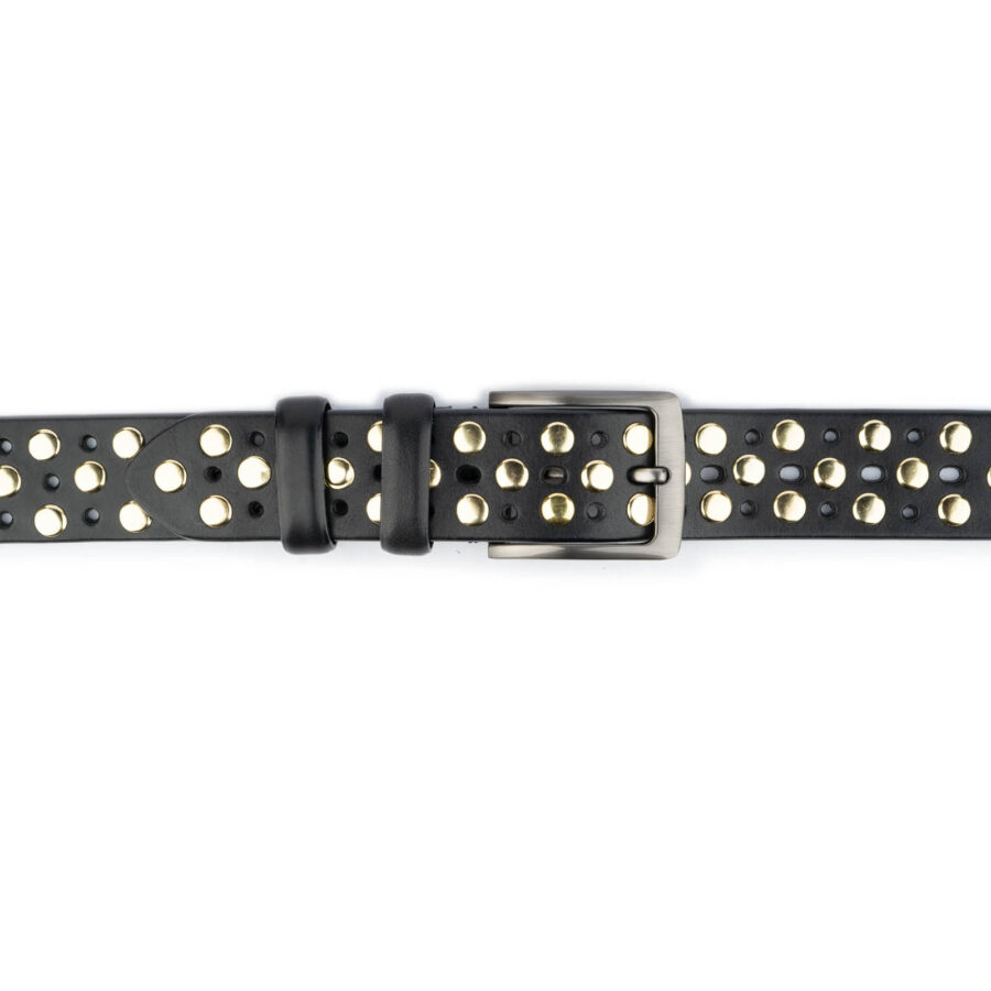 gold studded belt black genuine leather 3 row high quality 4 0 cm 5
