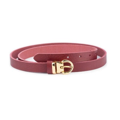 ladies burgundy leather belt with gold buckle thin 2 0 cm 1 BURREDGOL20BLTCARL