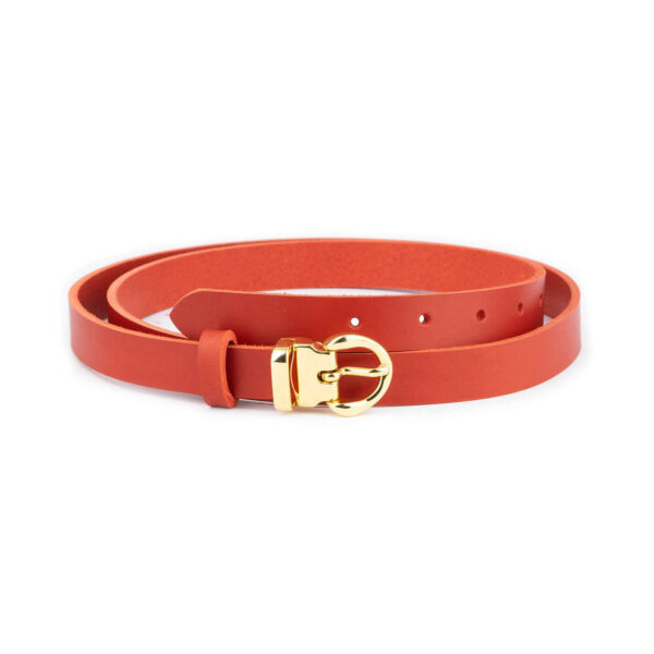 ladies deep red leather belt with gold buckle thin 2 0 cm 0 REDDRKGOL20BLTCARL