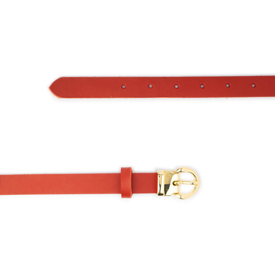 ladies deep red leather belt with gold buckle thin 2 0 cm 3