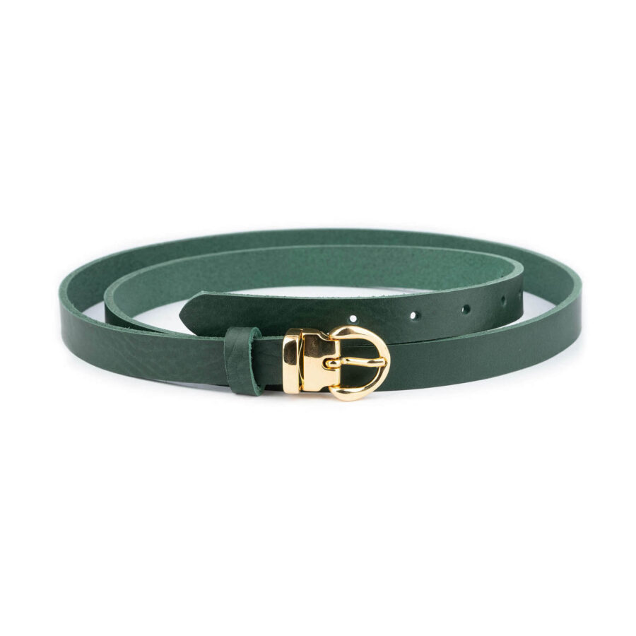 ladies forest green leather belt with gold buckle thin 2 0 cm 1 FORGREGOL20BLTCARL