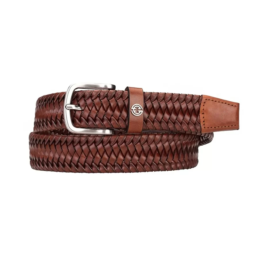 luxury braided gents belt cognac brown real leather 1