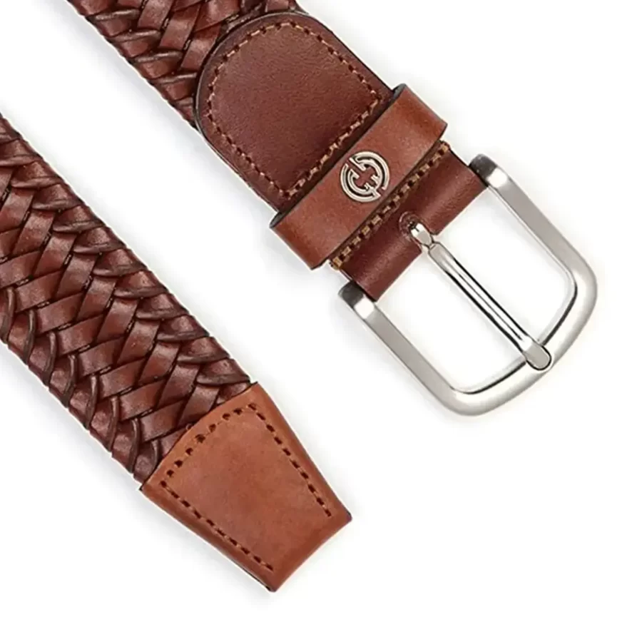 luxury braided gents belt cognac brown real leather 2