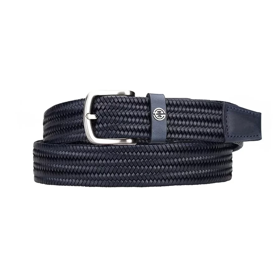 luxury stretchy belt mens navy blue braided leather 1 IEB739M DBLUE