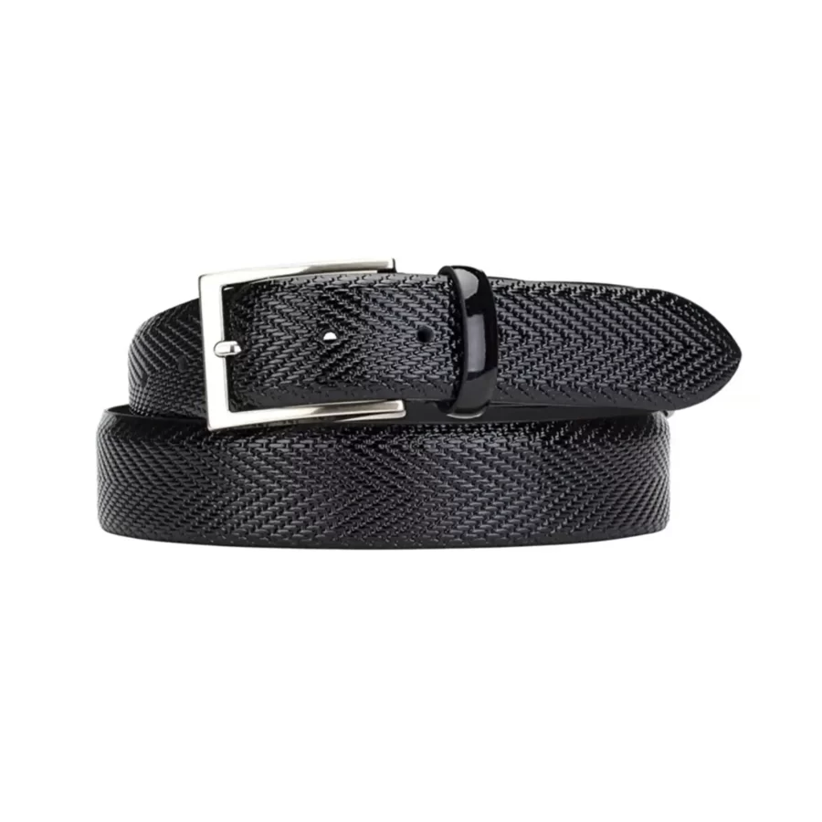 mens luxury black patent leather belt weave texture KK3791 1