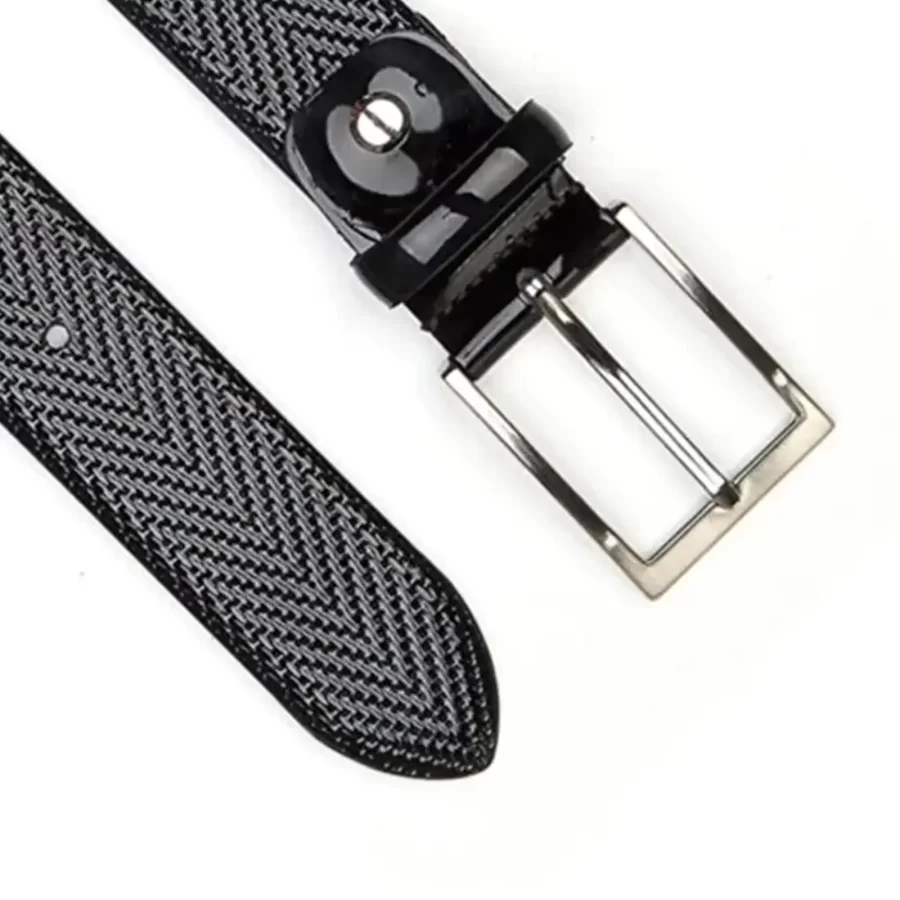 mens luxury black patent leather belt weave texture KK3791 2