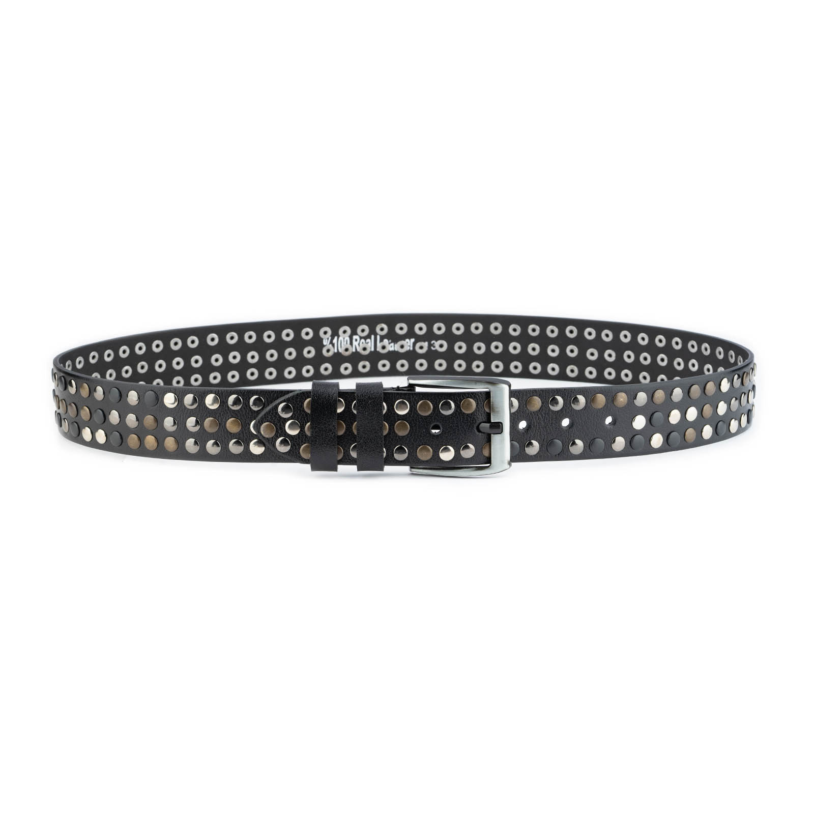 thumbnail image 2 of 2-Row Metal Studded Punk Rock Biker Belt – Black Genuine Leather – Unisex 2 of 5