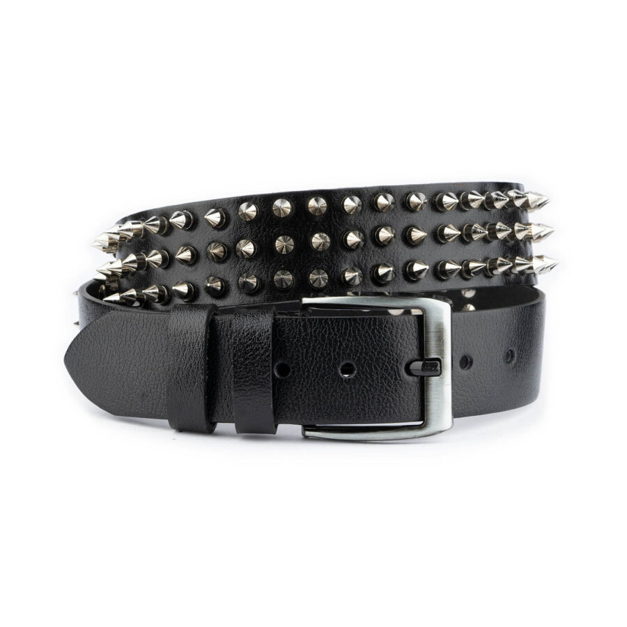punk rock belt spiky 3 row black real leather high quality 3
