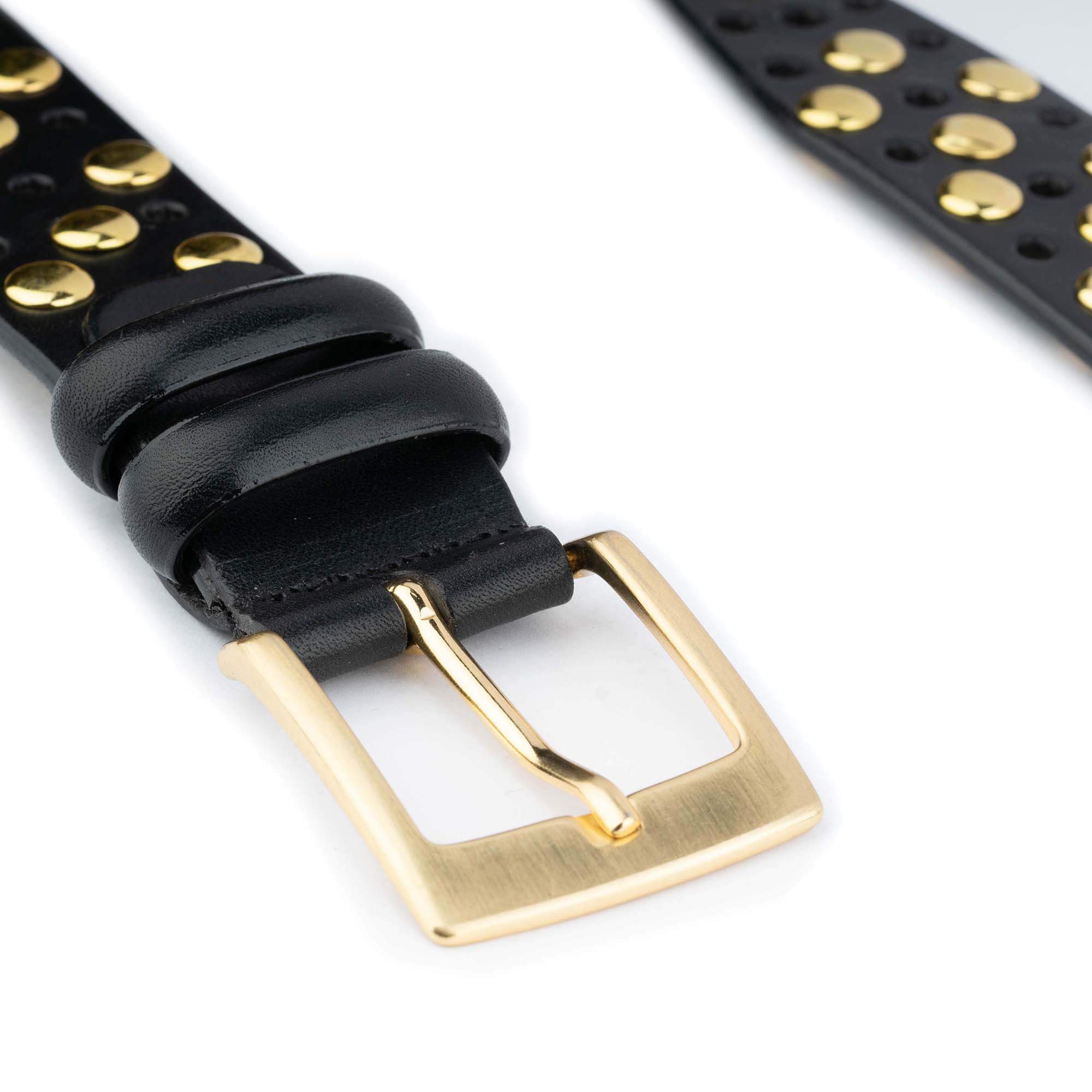 Buy Rockstar Belts Gold Studded Black Real Leather 3 Row Rivet ...