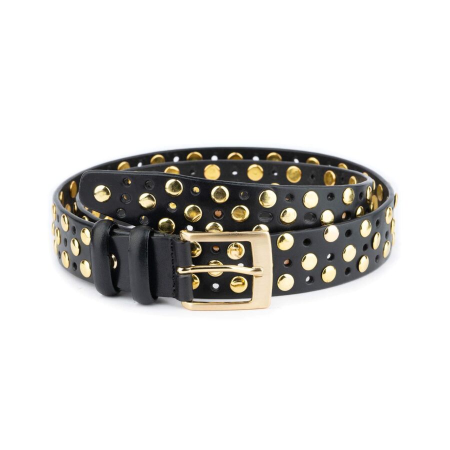 rockstar belts gold studded black real leather 3 row rivet 9