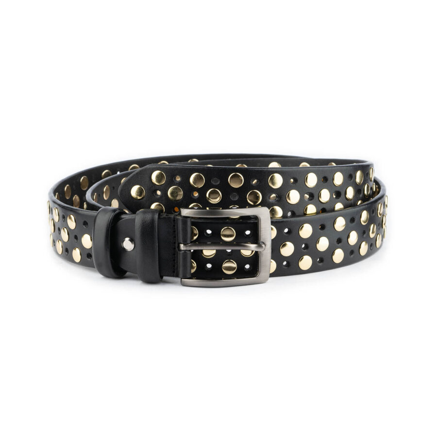 rockstar belts gold studded leather black 3 row top quality 3