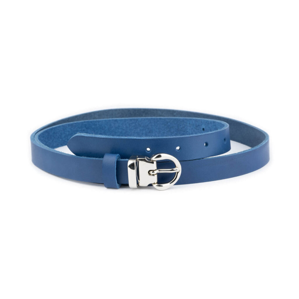 Women's Royal Blue Lady Belt For Dress Skinny Real Leather Silver Buckle 36" / 90 cm - Blue Women's Royal Blue Lady Belt For Dress Skinny Real Leather Silver Buckle 36" / 90 cm - Blue