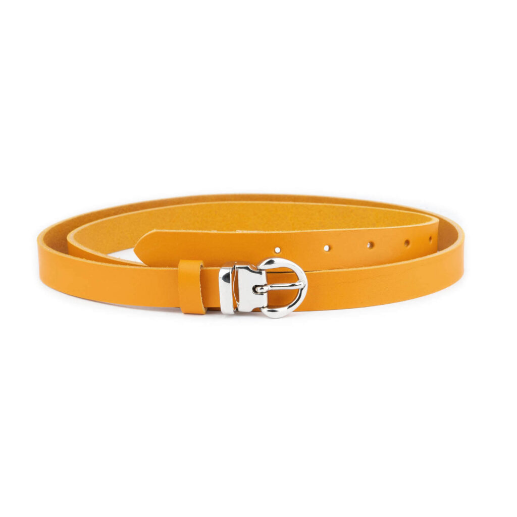 thin gold belt for dress Women's Spectra Yellow Lady Belt For Dress Skinny Real Leather Silver Buckle 40′′ / 100 cm