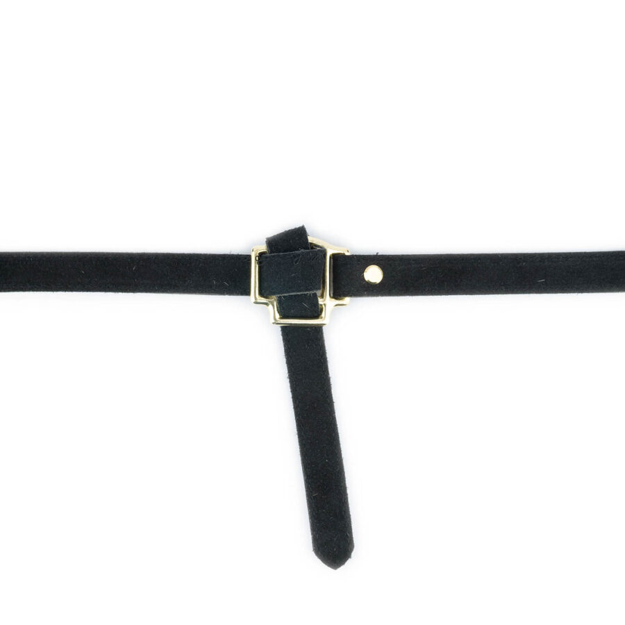 Black Suede Leather Tie Belt Gold Buckle 3