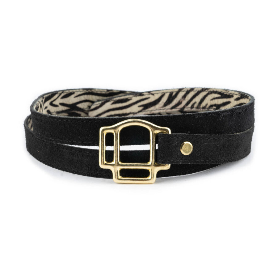 Black Suede Leather Tie Belt Gold Buckle 4