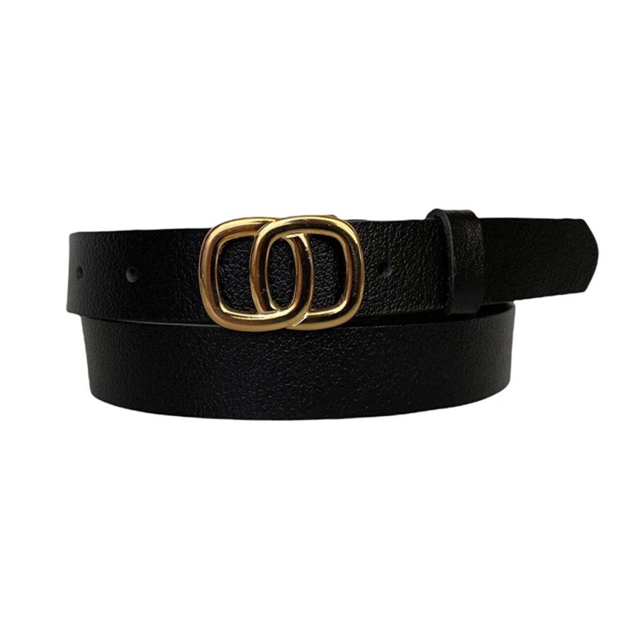 Fashion Belts For Ladies Two Circle gold buckle black calfskin leather 3cm KDN 10 1