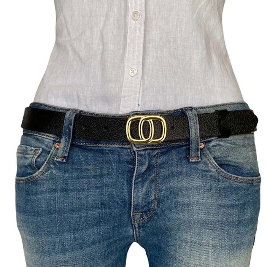 Fashion Belts For Ladies Two Circle gold buckle black calfskin leather 3cm KDN 10 2