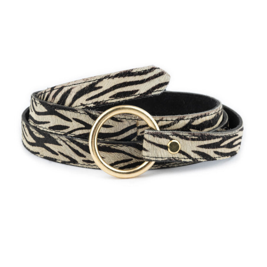 Gold O Ring Belt Zebra Print Calf Hair Leather 4